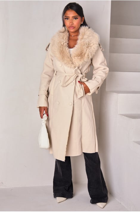 Manteau long en cuir et fourrure