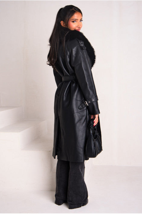 Manteau long en cuir et fourrure