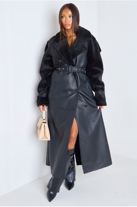 Manteau long noir cuir et fourrure