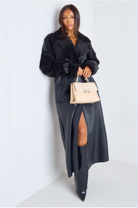 Manteau long noir cuir et fourrure