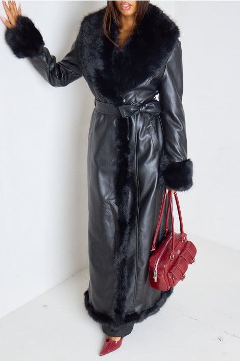 Manteau long en cuir doublé fausse fourrure