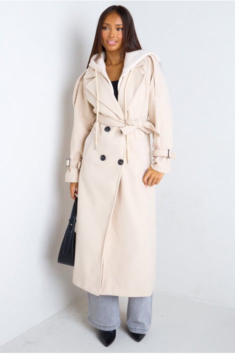 Manteau long en polaire à capuche
