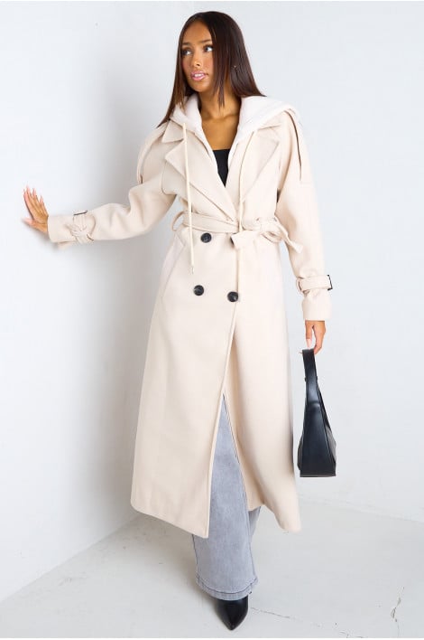 Manteau long en polaire à capuche