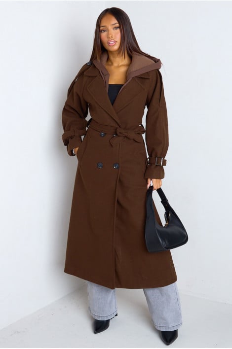 Manteau long en polaire à capuche
