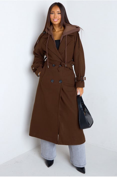 Manteau long en polaire à capuche